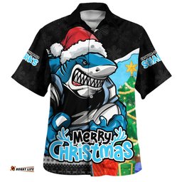 RugbyLife Shop Cronulla-Sutherland Sharks Hawaiian Shirt Santa Scoring Touchdown On Christmas Game Day