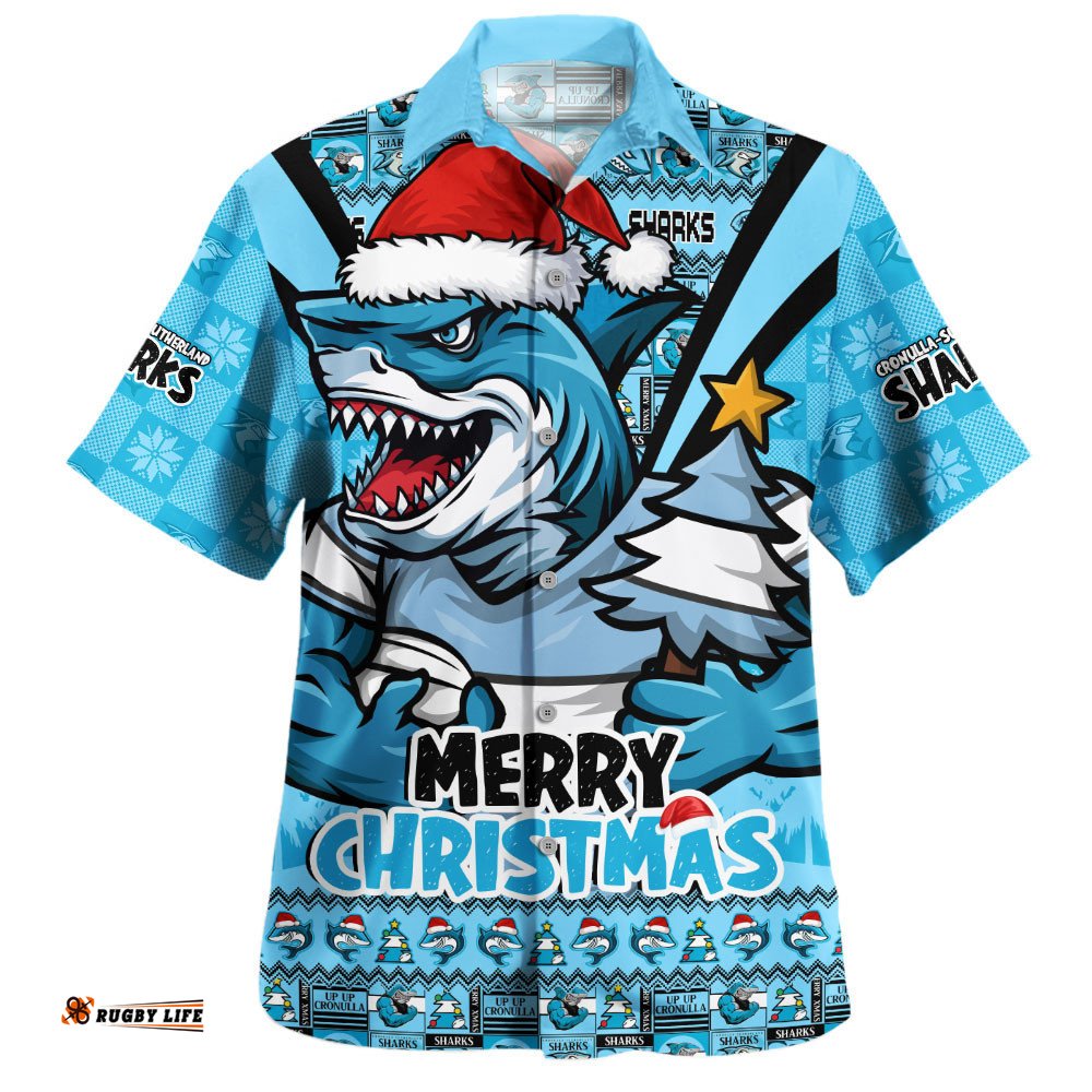 RugbyLife Shop Cronulla-Sutherland Sharks Hawaiian Shirt Merry Christmas Festive Spirit Edition