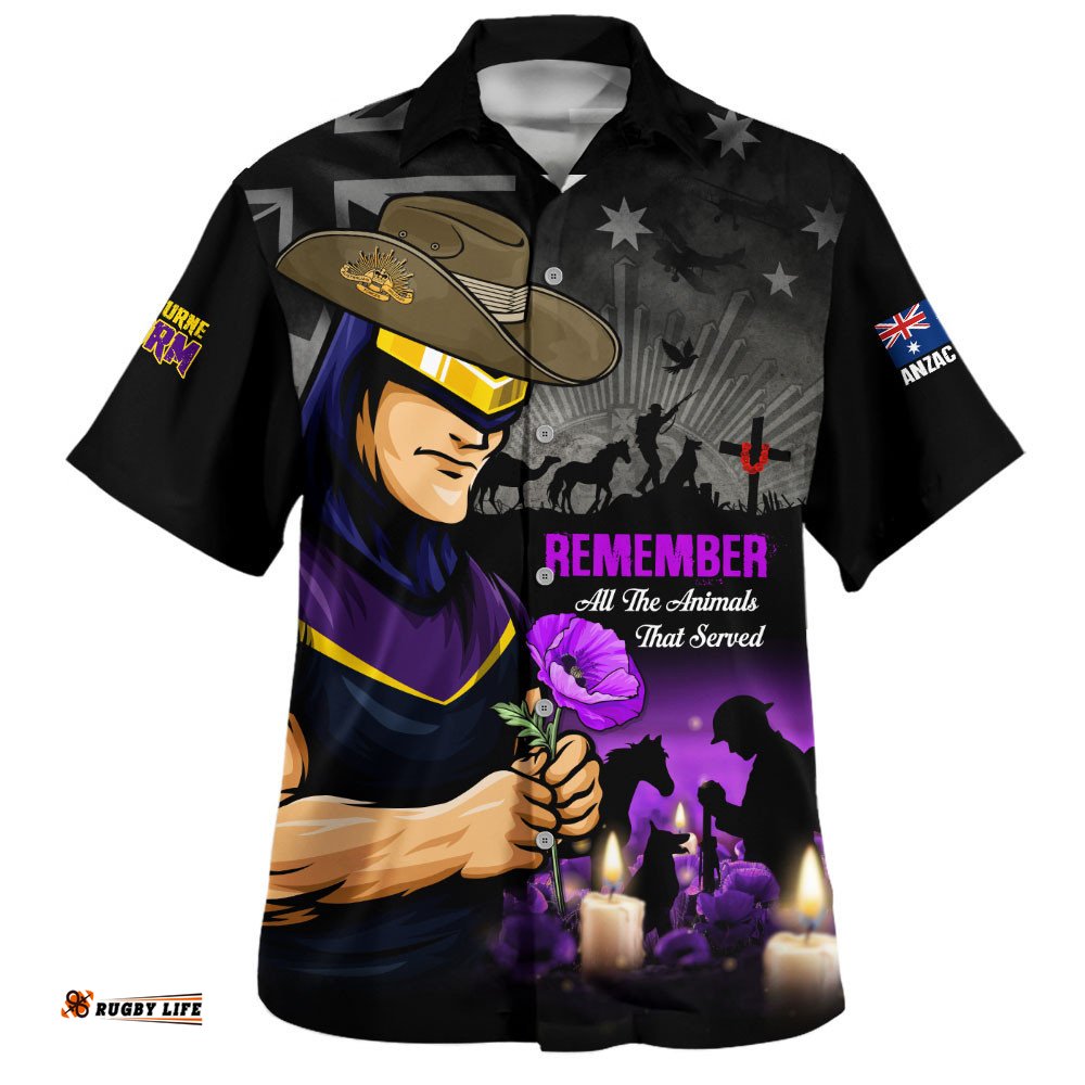 RugbyLife Shop Melbourne Storm Hawaiian Shirt Anzac Day Purple Poppy And Animals That Served