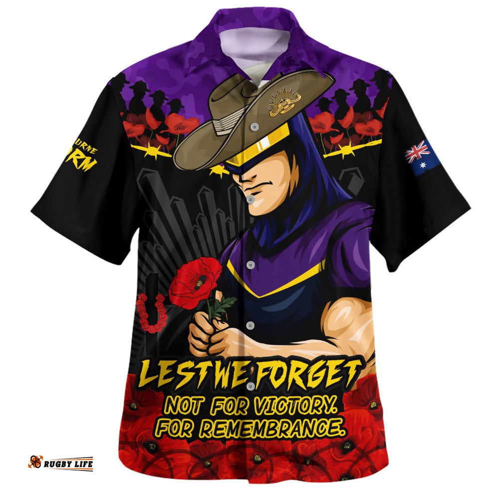 RugbyLife Shop Melbourne Storm Hawaiian Shirt ANZAC Day Red Poppy And Brave Hearts Remembrance