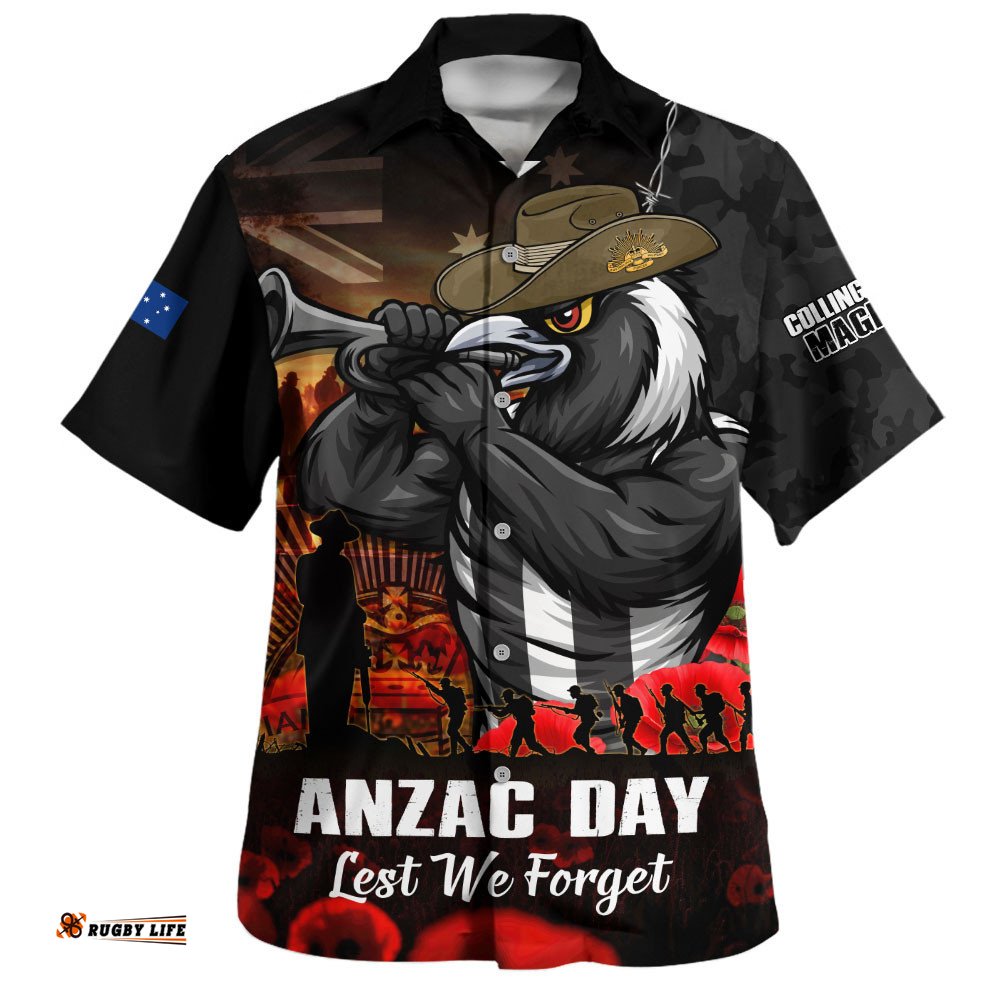 RugbyLife Shop Collingwood Hawaiian Shirt ANZAC Day Lest We Forget Red Poppy And Honor The Brave Tribute