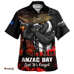 RugbyLife Shop Collingwood Hawaiian Shirt ANZAC Day Lest We Forget Red Poppy And Honor The Brave Tribute
