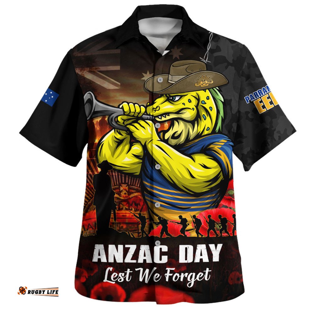 RugbyLife Shop Parramatta Eels Hawaiian Shirt Anzac Day Rising Dawn Ceremony Lest We Forget Courage