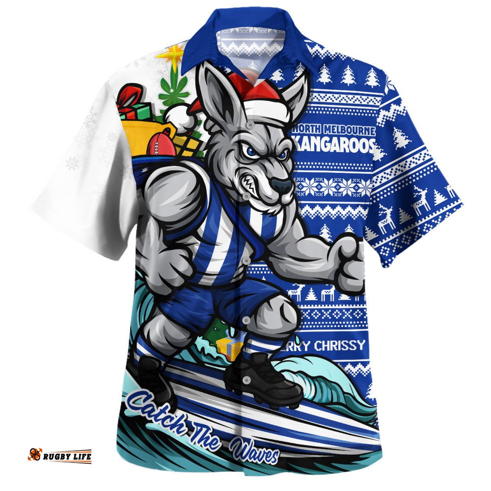 RugbyLife Shop North Melbourne Hawaiian Shirt Christmas Holiday Santa Rides The Waves
