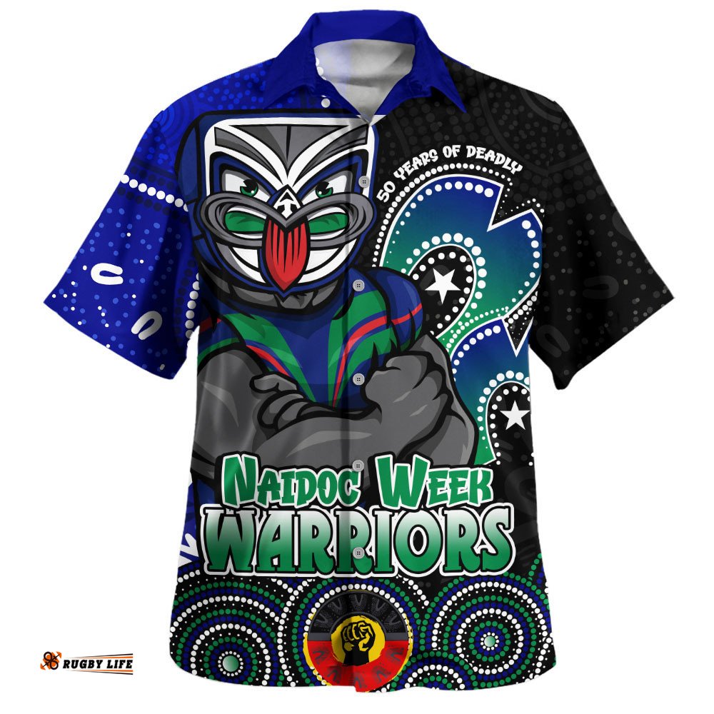 RugbyLife Shop New Zealand Warriors Hawaiian Shirt NAIDOC Week 50 Years Of Deadly Indigenous Pattern