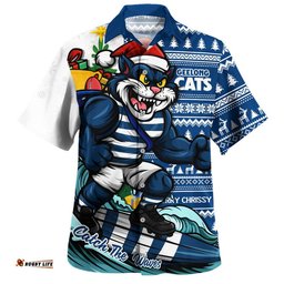 RugbyLife Shop Geelong Cats Hawaiian Shirt Christmas Holiday Santa Rides The Waves