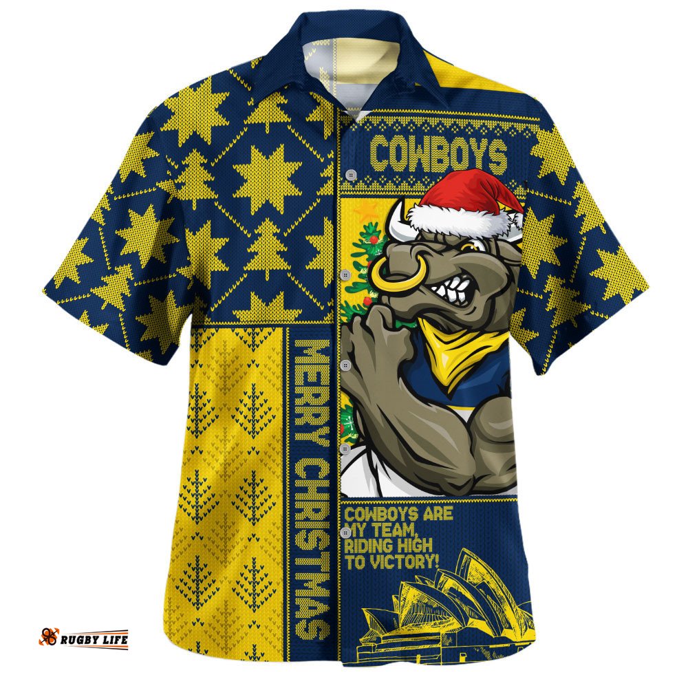 RugbyLife Shop North Queensland Cowboys Hawaiian Shirt Christmas Magic Knit Style Winter Glow