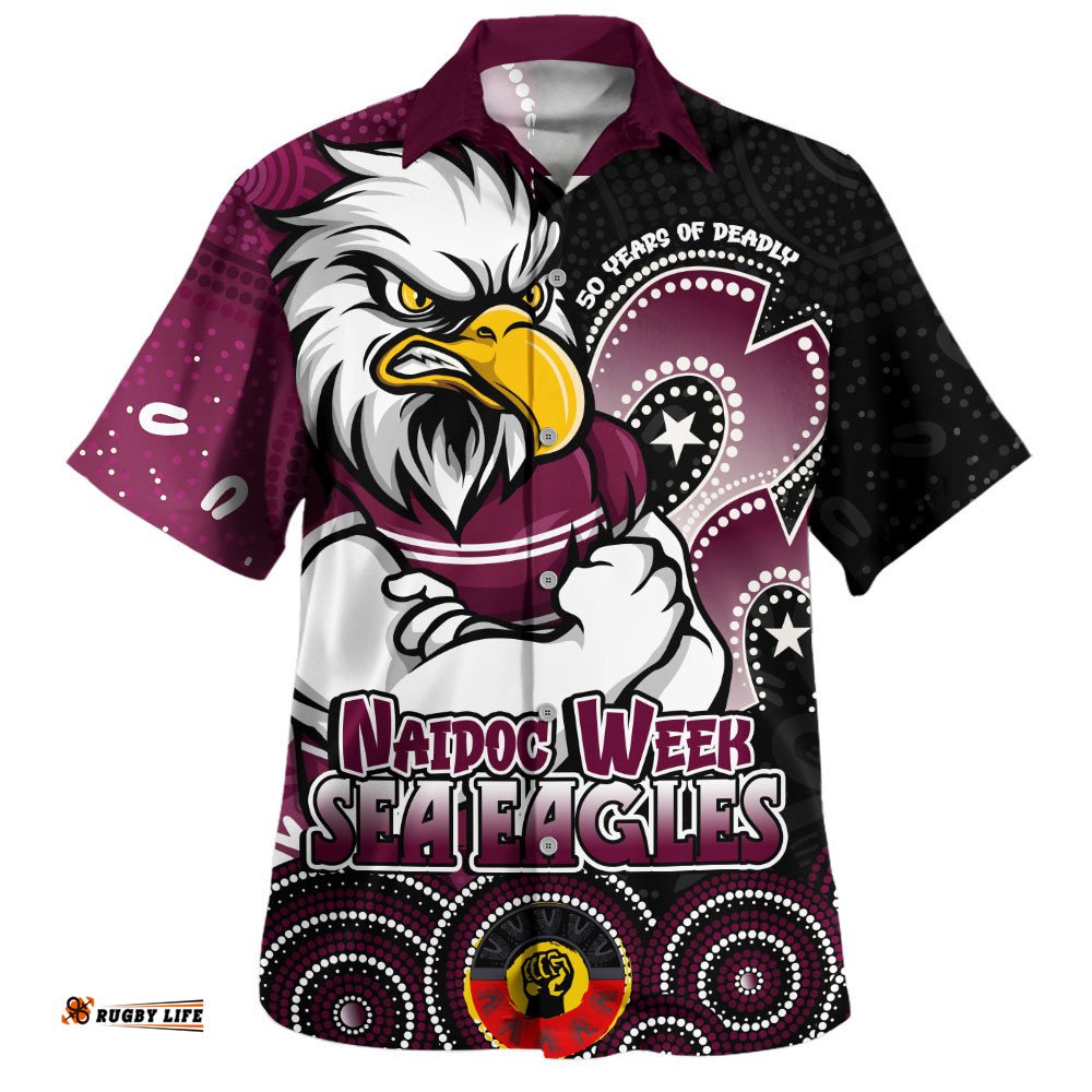 RugbyLife Shop Manly Warringah Sea Eagles Hawaiian Shirt NAIDOC Week 50 Years Of Deadly Indigenous Pattern
