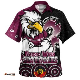 RugbyLife Shop Manly Warringah Sea Eagles Hawaiian Shirt NAIDOC Week 50 Years Of Deadly Indigenous Pattern