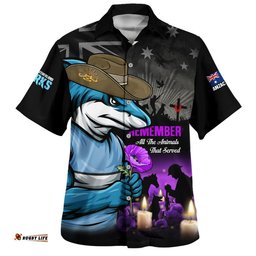 RugbyLife Shop Cronulla-Sutherland Sharks Hawaiian Shirt Anzac Day Purple Poppy And Animals That Served