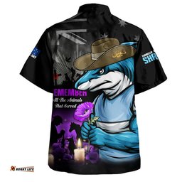 RugbyLife Shop Cronulla-Sutherland Sharks Hawaiian Shirt Anzac Day Purple Poppy And Animals That Served