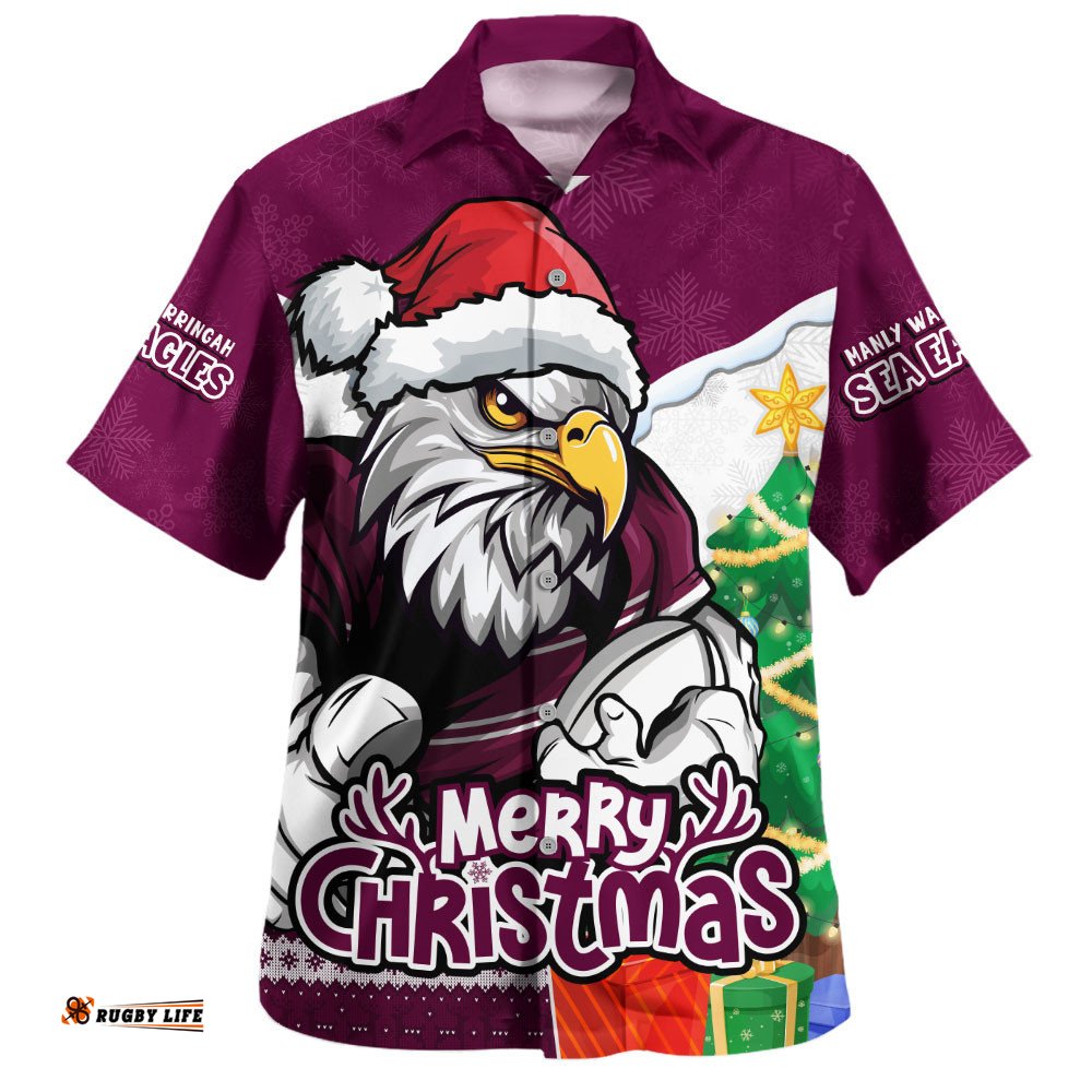 RugbyLife Shop Manly Warringah Sea Eagles Hawaiian Shirt Santa Scoring Touchdown On Christmas Game Day