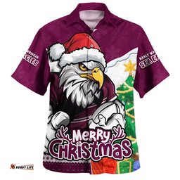 RugbyLife Shop Manly Warringah Sea Eagles Hawaiian Shirt Santa Scoring Touchdown On Christmas Game Day