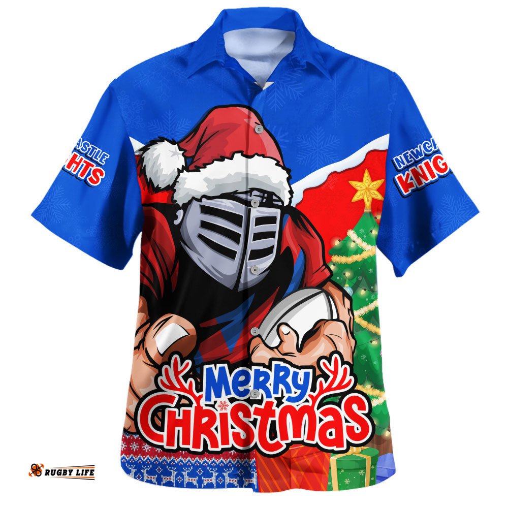 RugbyLife Shop Newcastle Knights Hawaiian Shirt Santa Scoring Touchdown On Christmas Game Day