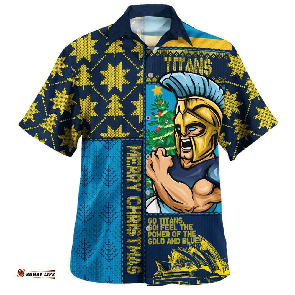 RugbyLife Shop Gold Coast Titans Hawaiian Shirt Christmas Magic Knit Style Winter Glow
