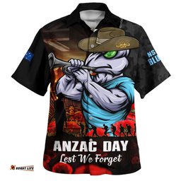 RugbyLife Shop New South Wales Blues Hawaiian Shirt Anzac Day Rising Dawn Ceremony Lest We Forget Courage