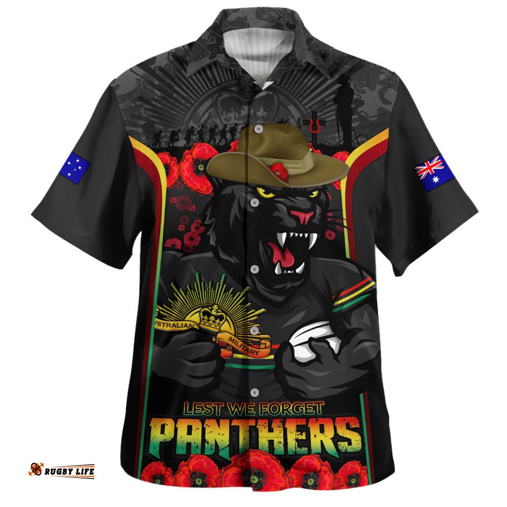 RugbyLife Shop Penrith Panthers Hawaiian Shirt Lest We Forget In Honor And Remembrance
