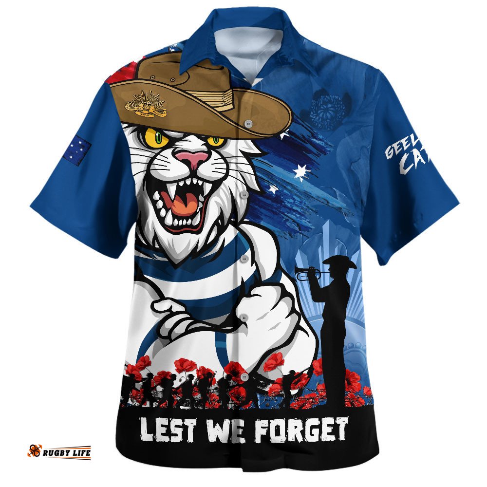 RugbyLife Shop Geelong Cats Hawaiian Shirt ANZAC Inspired Football Fan Memorial Design