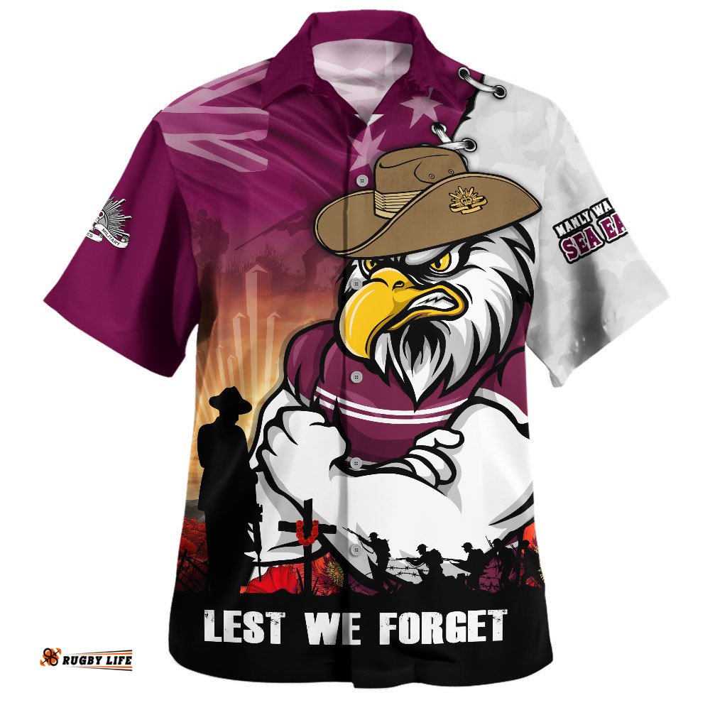 RugbyLife Shop Manly Warringah Sea Eagles Hawaiian Shirt Anzac Day Lest We Forget Silent Dawn