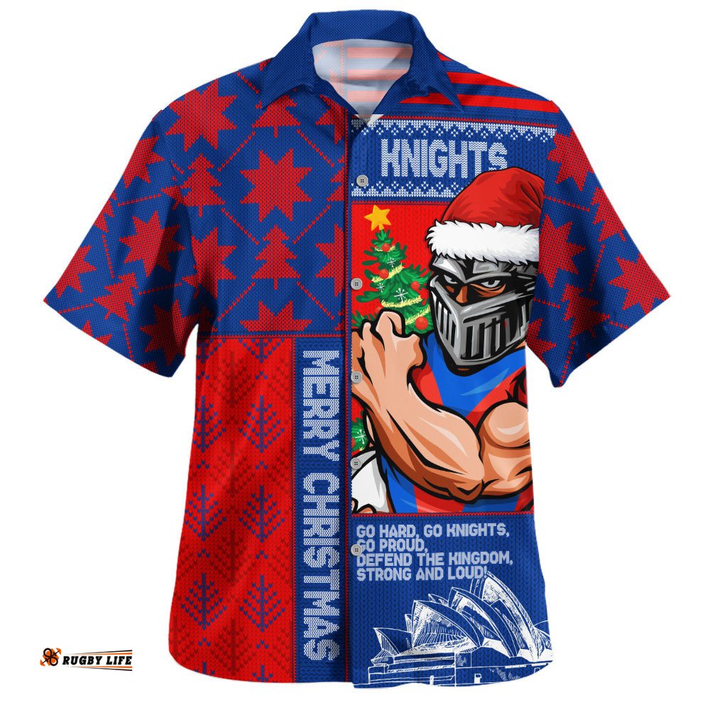 RugbyLife Shop Newcastle Knights Hawaiian Shirt Christmas Magic Knit Style Winter Glow