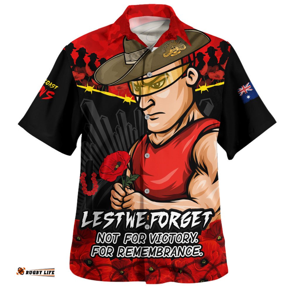 RugbyLife Shop Gold Coast SUNS Hawaiian Shirt ANZAC Day Not For Victory For Remembrance