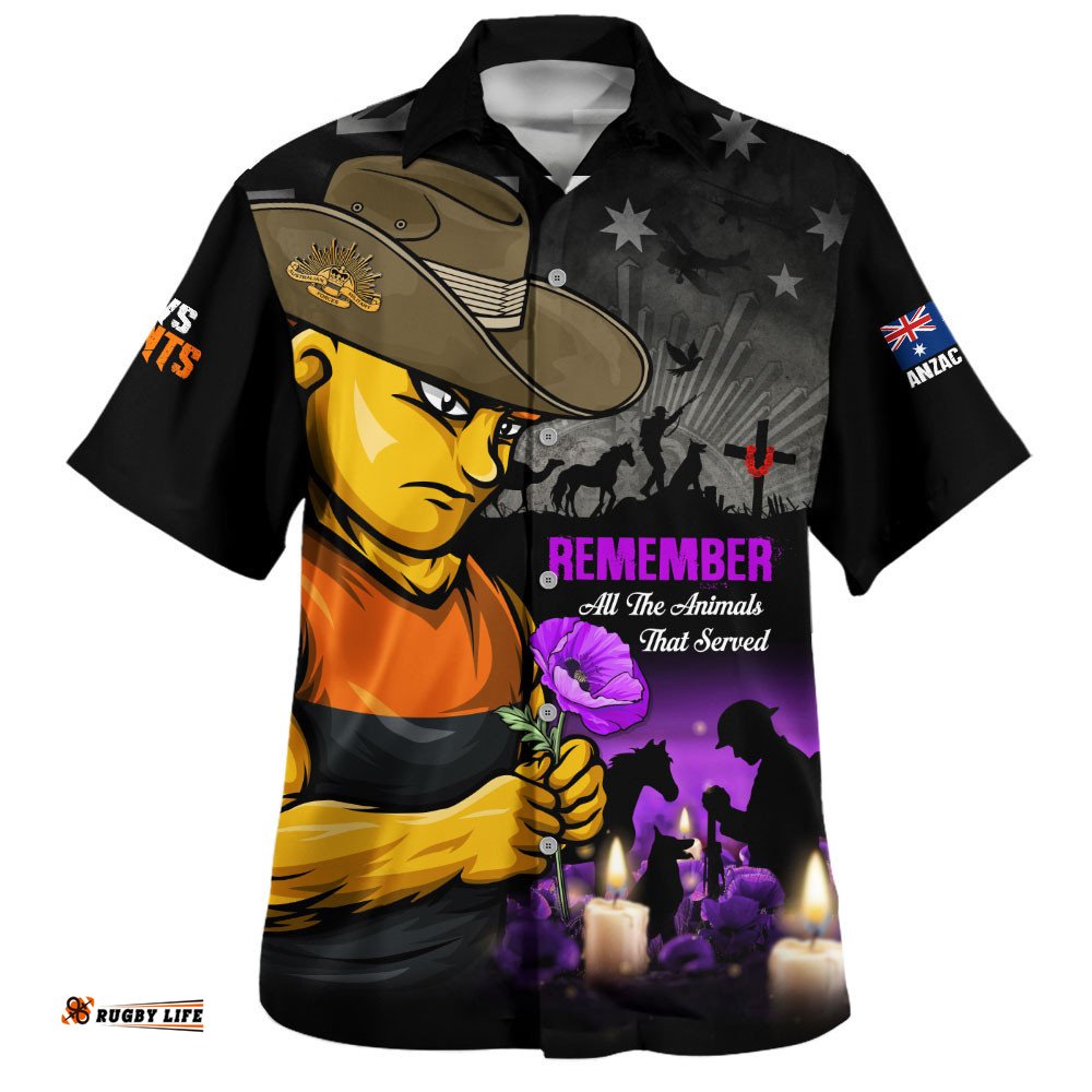 RugbyLife Shop GWS GIANTS Hawaiian Shirt Anzac Day In Memory Of Animals That Served