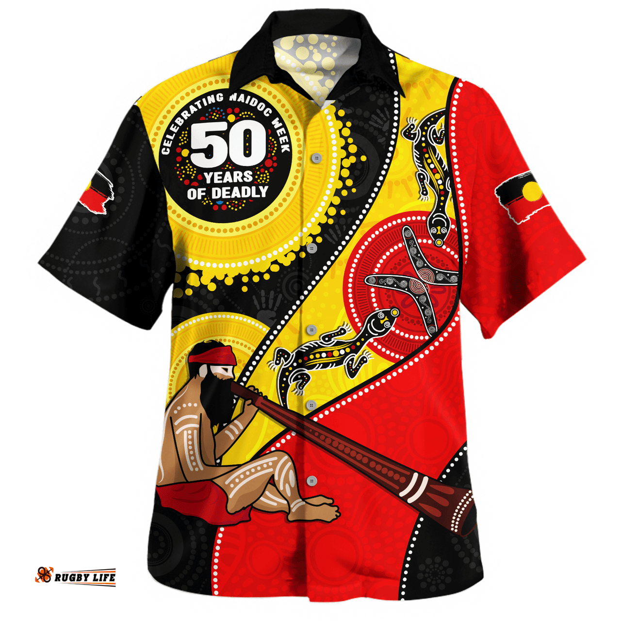 RugbyLife Shop Indigenous Australian Aboriginal Hawaiian Shirt NAIDOC Week 50 Years Of Deadly Dreamtime Story