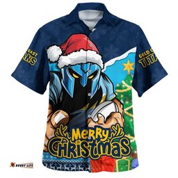 RugbyLife Shop Gold Coast Titans Hawaiian Shirt Santa Scoring Touchdown On Christmas Game Day
