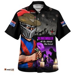 RugbyLife Shop Newcastle Knights Hawaiian Shirt Anzac Day Purple Poppy And Animals That Served