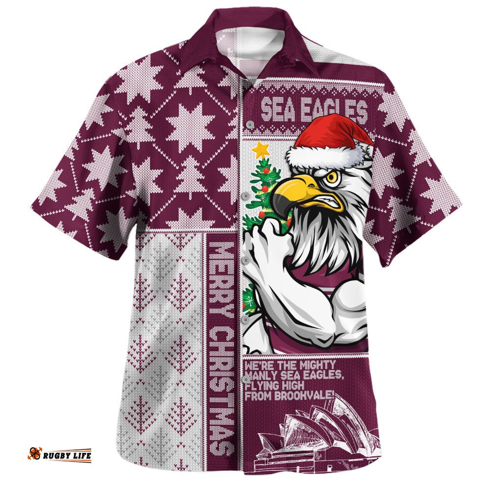 RugbyLife Shop Manly Warringah Sea Eagles Hawaiian Shirt Christmas Magic Knit Style Winter Glow