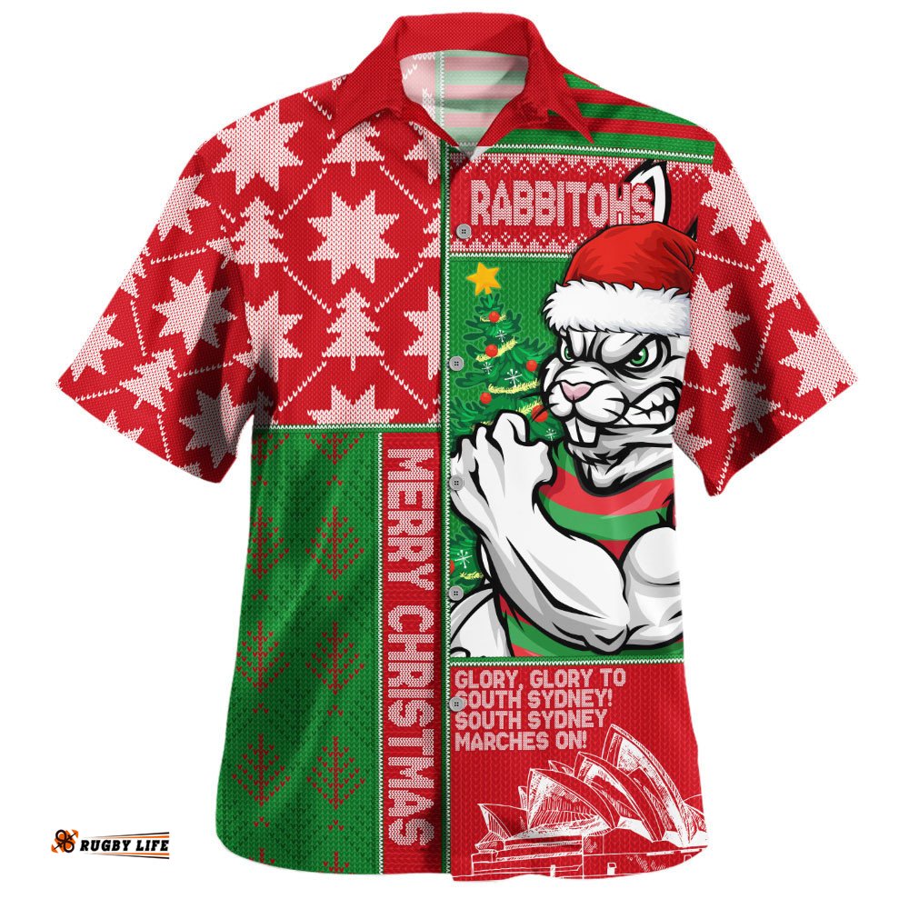 RugbyLife Shop South Sydney Rabbitohs Hawaiian Shirt Christmas Magic Knit Style Winter Glow