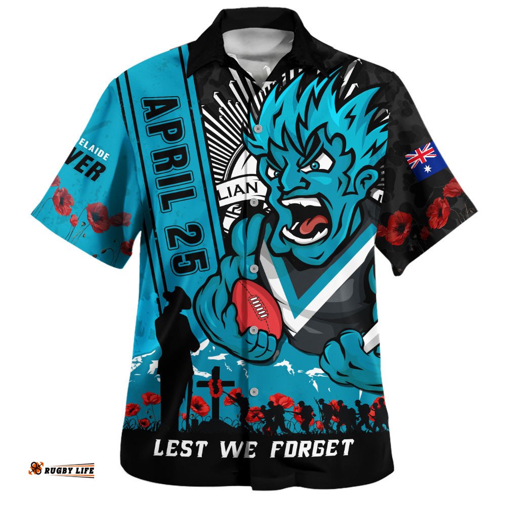 RugbyLife Shop Port Adelaide Hawaiian Shirt Anzac Day Lest We Forget Memorial