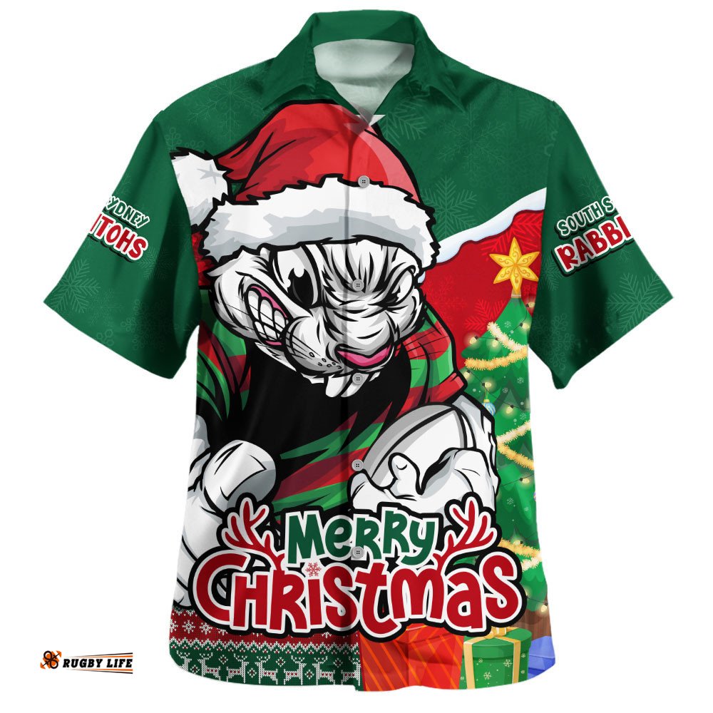 RugbyLife Shop South Sydney Rabbitohs Hawaiian Shirt Santa Scoring Touchdown On Christmas Game Day