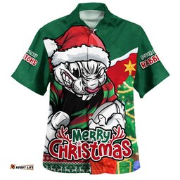 RugbyLife Shop South Sydney Rabbitohs Hawaiian Shirt Santa Scoring Touchdown On Christmas Game Day