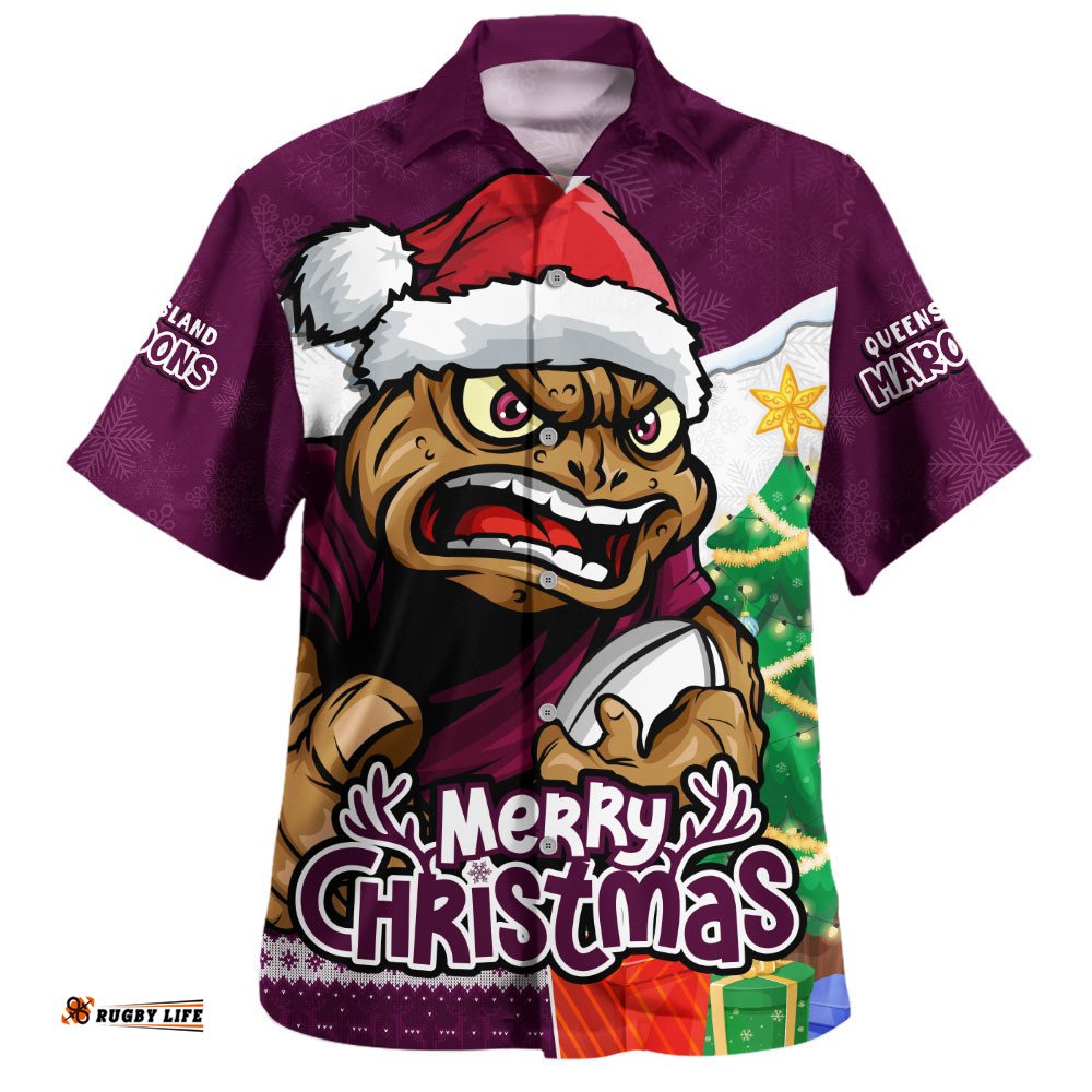 RugbyLife Shop Queensland Maroons Hawaiian Shirt Santa Scoring Touchdown On Christmas Game Day