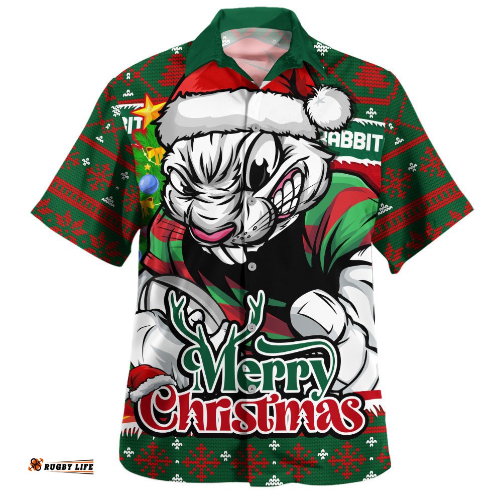 RugbyLife Shop South Sydney Rabbitohs Hawaiian Shirt Merry Christmas Game Day Knit Style Team Edition