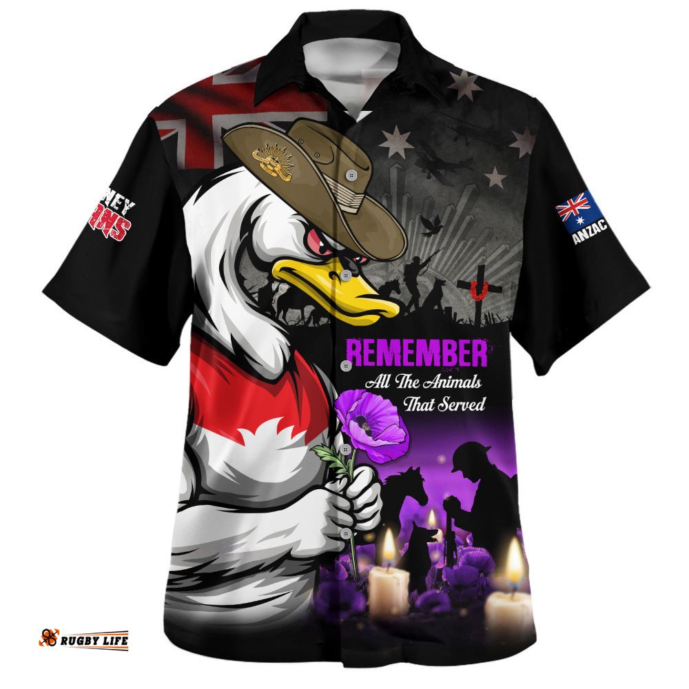 RugbyLife Shop Sydney Swans Hawaiian Shirt Anzac Day In Memory Of Animals That Served