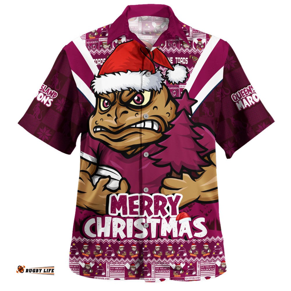 RugbyLife Shop Queensland Maroons Hawaiian Shirt Merry Christmas Festive Spirit Edition