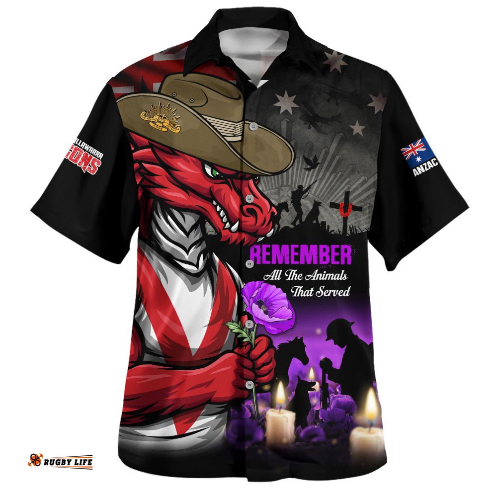 RugbyLife Shop St. George Illawarra Dragons Hawaiian Shirt Anzac Day Purple Poppy And Animals That Served