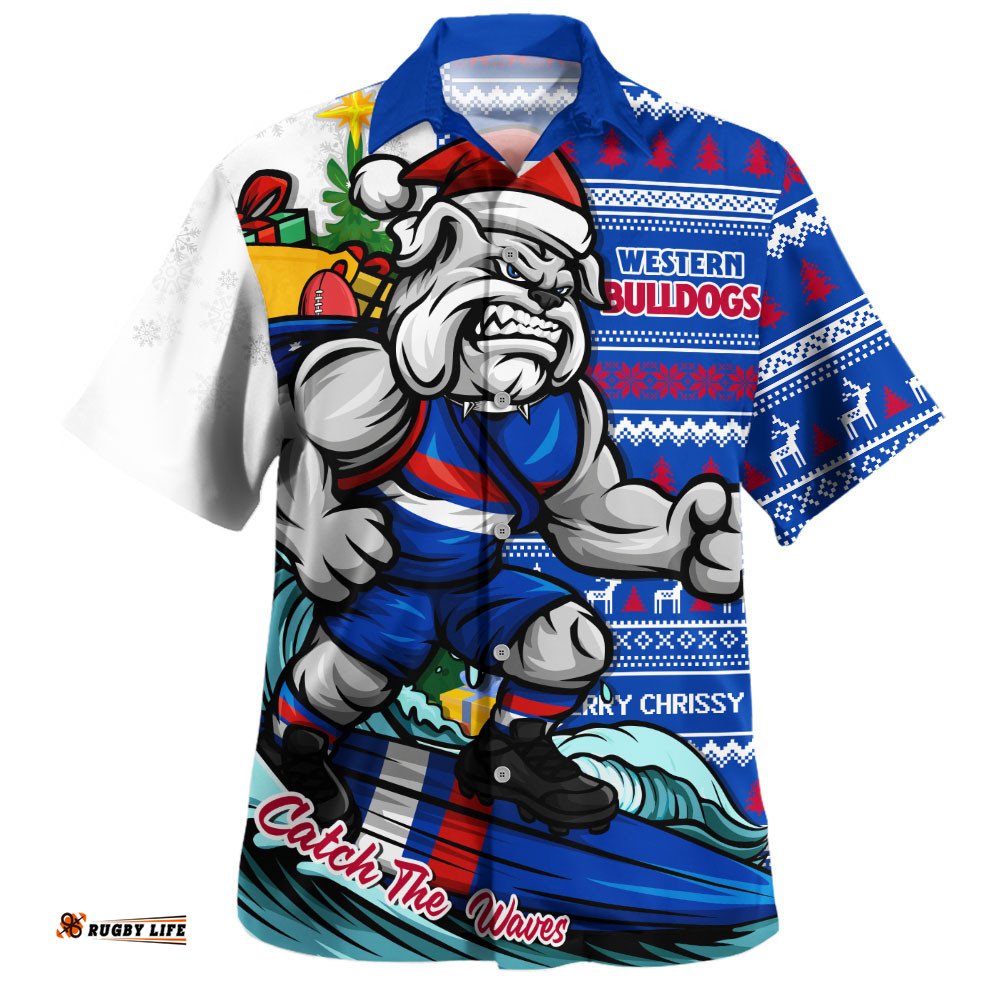 RugbyLife Shop Western Bulldogs Hawaiian Shirt Christmas Holiday Santa Rides The Waves