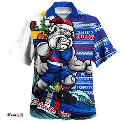 RugbyLife Shop Western Bulldogs Hawaiian Shirt Christmas Holiday Santa Rides The Waves