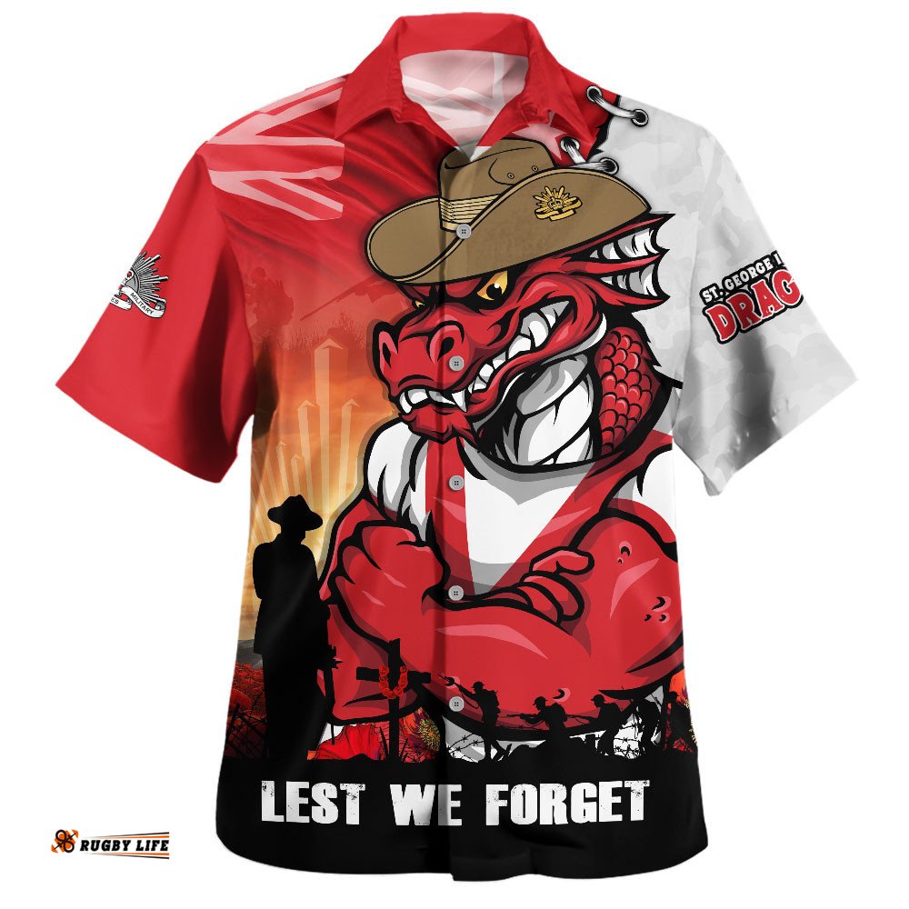 RugbyLife Shop St. George Illawarra Dragons Hawaiian Shirt Anzac Day Lest We Forget Silent Dawn