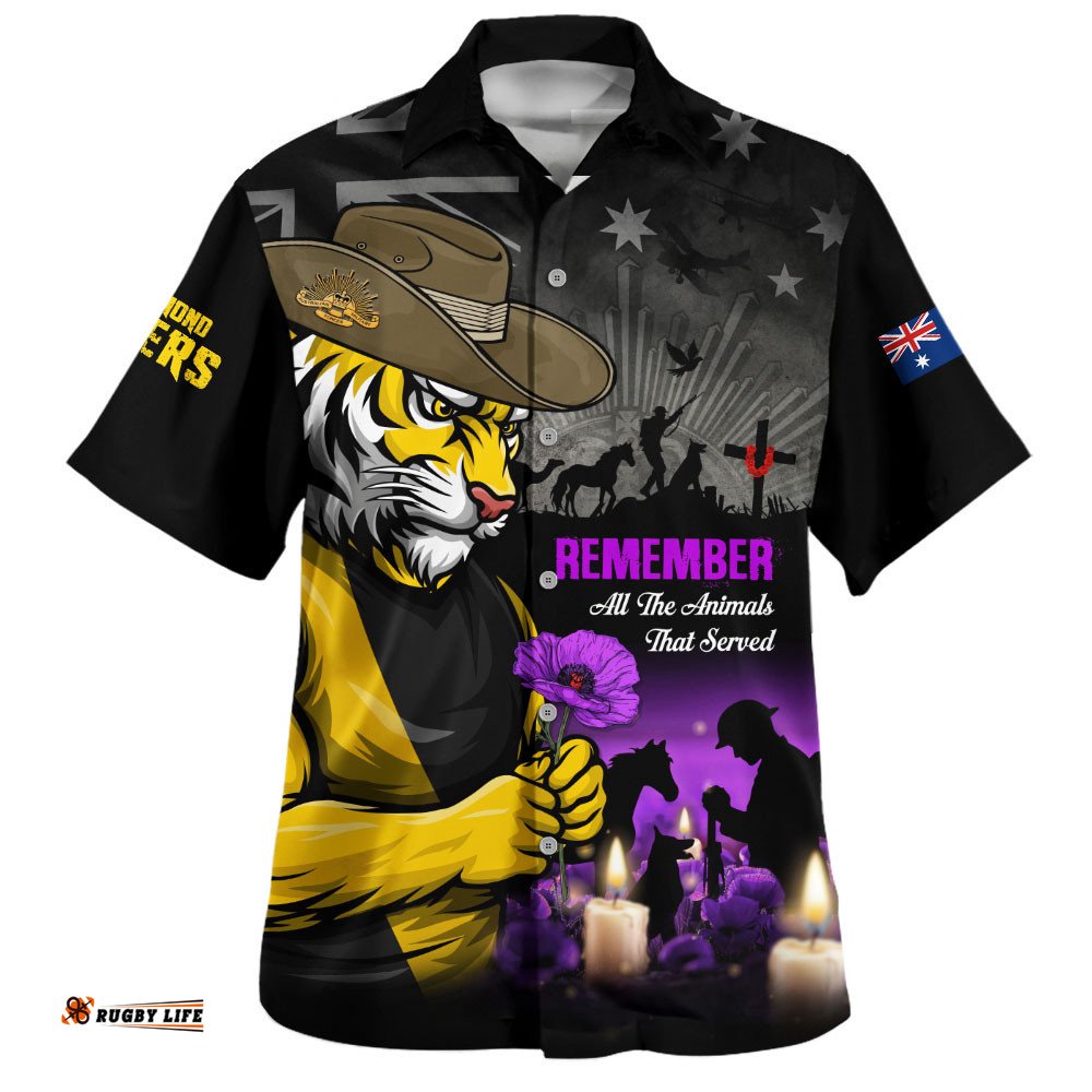 RugbyLife Shop Richmond Hawaiian Shirt Anzac Day In Memory Of Animals That Served