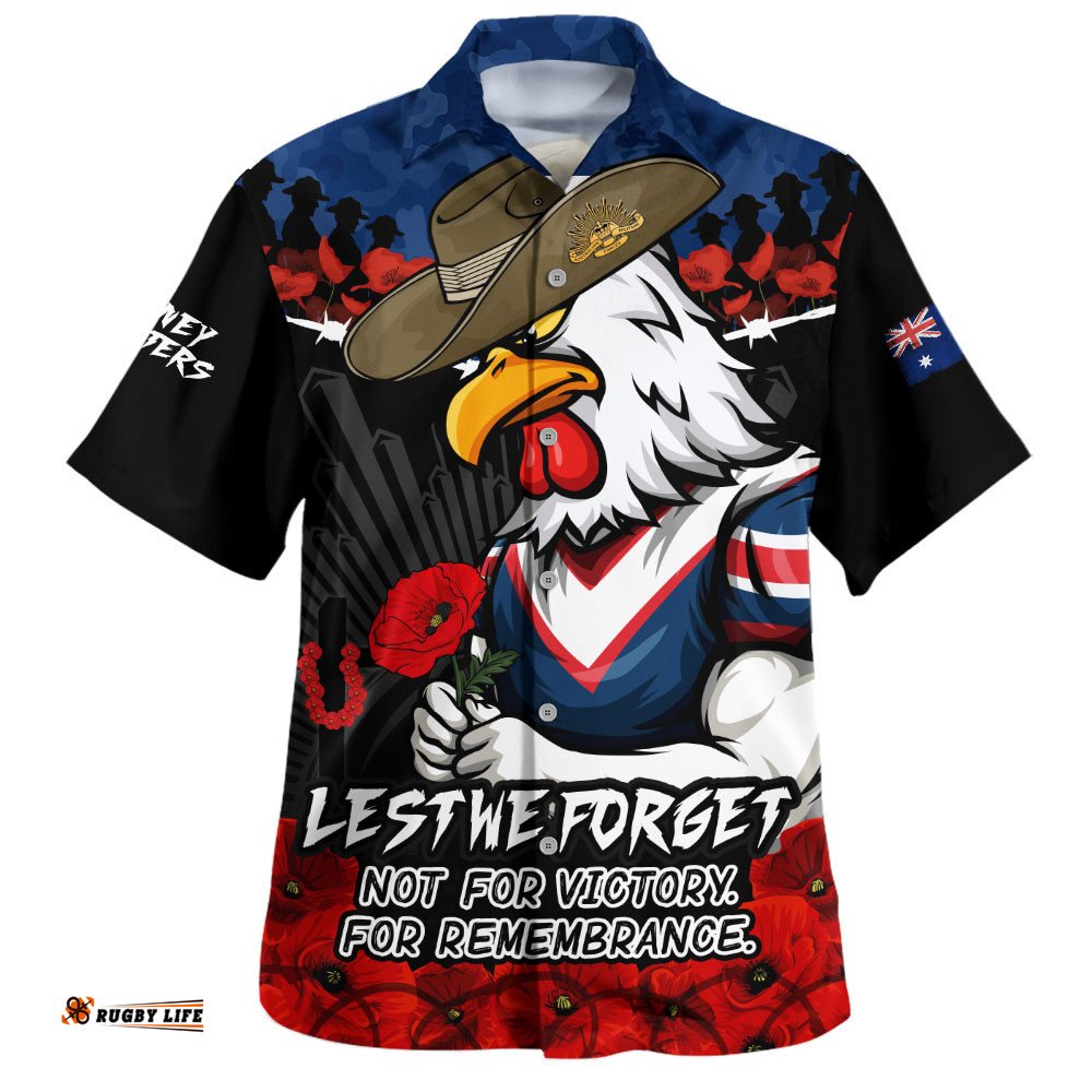 RugbyLife Shop Sydney Roosters Hawaiian Shirt ANZAC Day Red Poppy And Brave Hearts Remembrance