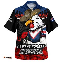 RugbyLife Shop Sydney Roosters Hawaiian Shirt ANZAC Day Red Poppy And Brave Hearts Remembrance