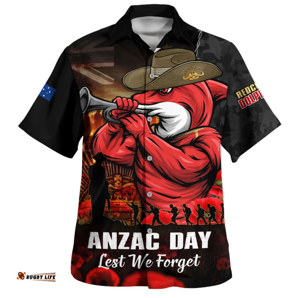RugbyLife Shop Redcliffe Dolphins Hawaiian Shirt Anzac Day Rising Dawn Ceremony Lest We Forget Courage