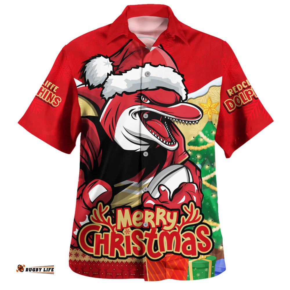 RugbyLife Shop Redcliffe Dolphins Hawaiian Shirt Santa Scoring Touchdown On Christmas Game Day