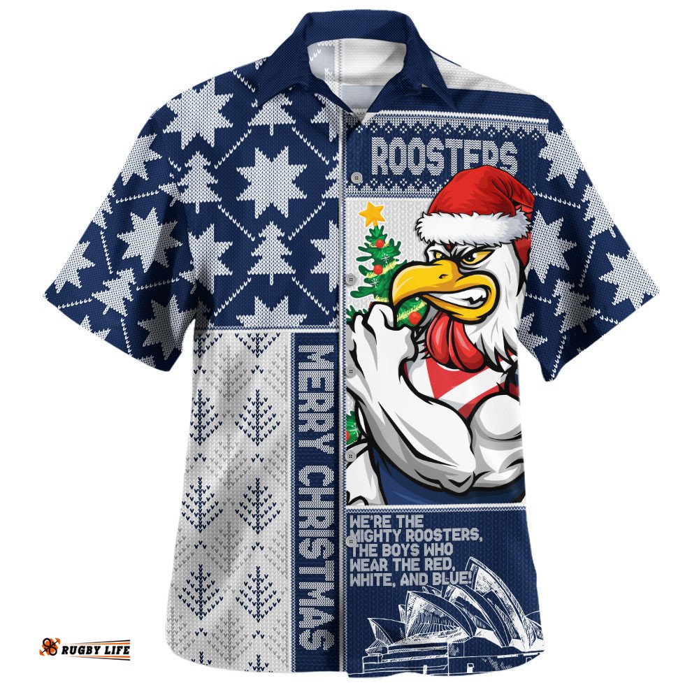 RugbyLife Shop Sydney Roosters Hawaiian Shirt Christmas Magic Knit Style Winter Glow
