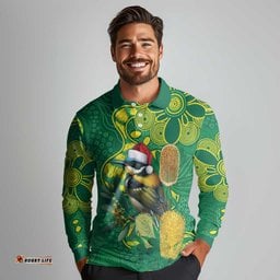 Aussie Honeyeaters Banksia Christmas Long Sleeve Polo Shirt Aboriginal Dots Painting Green Motif LT9
