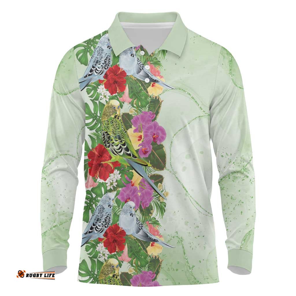 Aussie Budgies Blue And Green Tropical Birds Long Sleeve Polo Shirt LT9